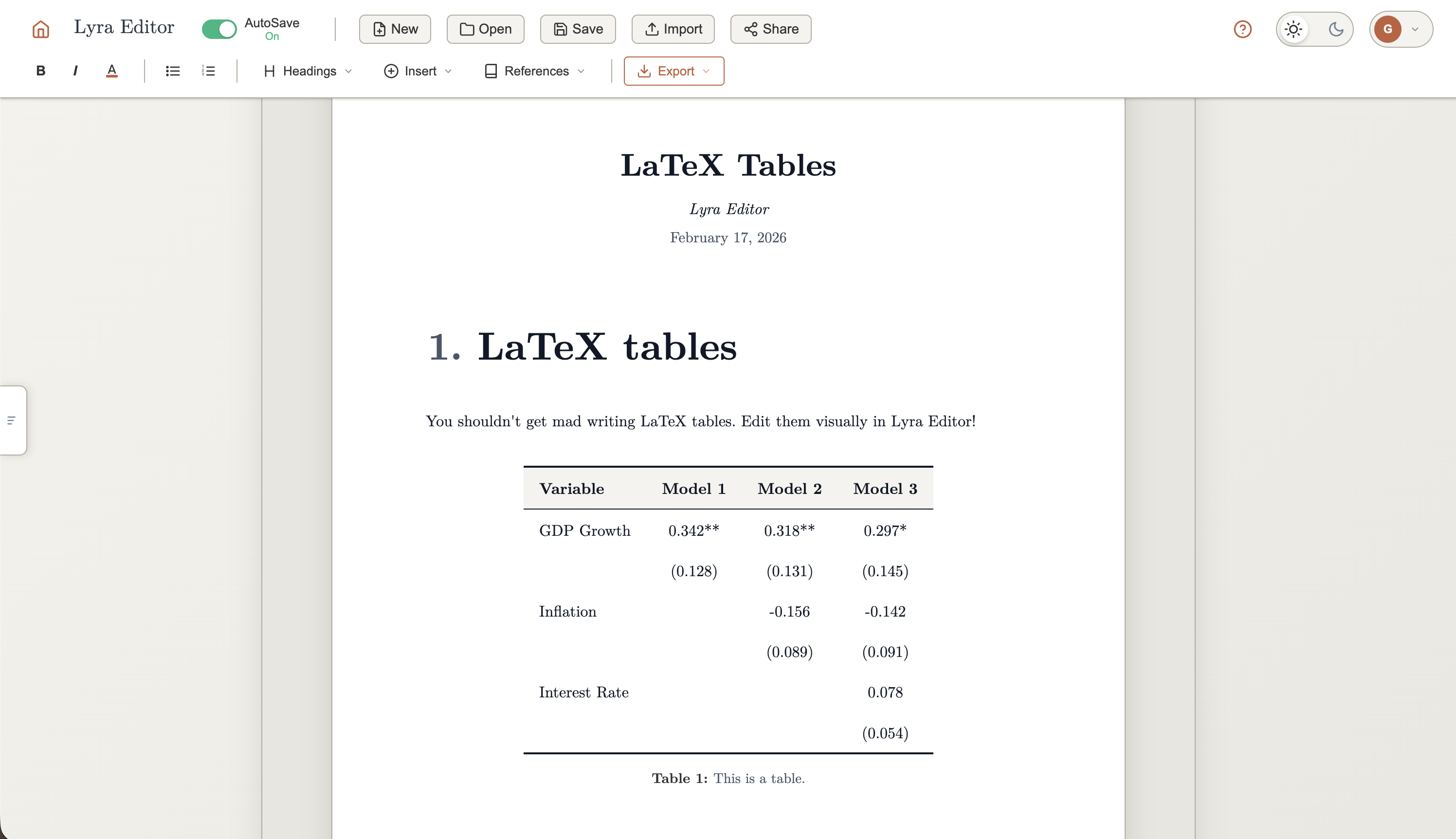 Lyra Editor interface showing a document with a LaTeX table